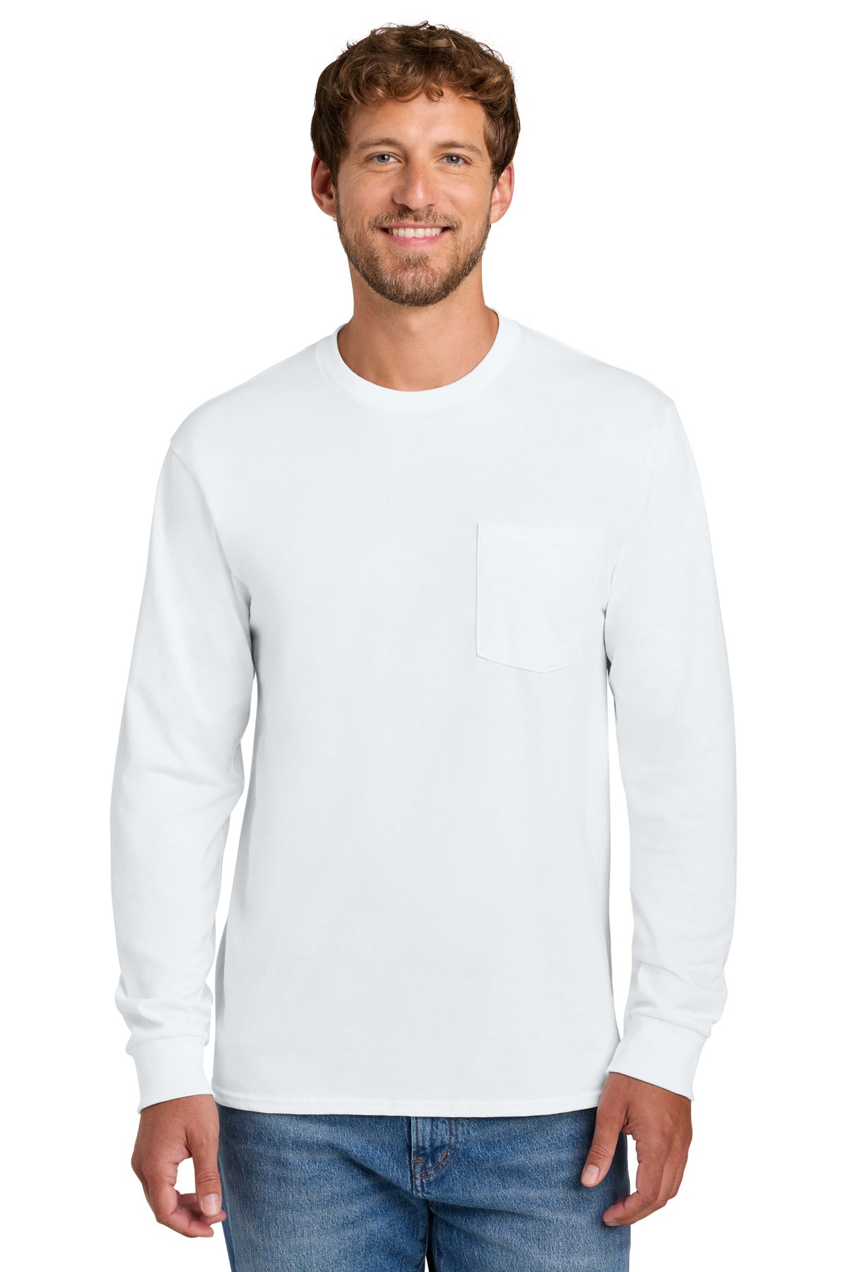 Port & Company Long Sleeve Essential Pocket Tee (SAN-PC61LSP) - White