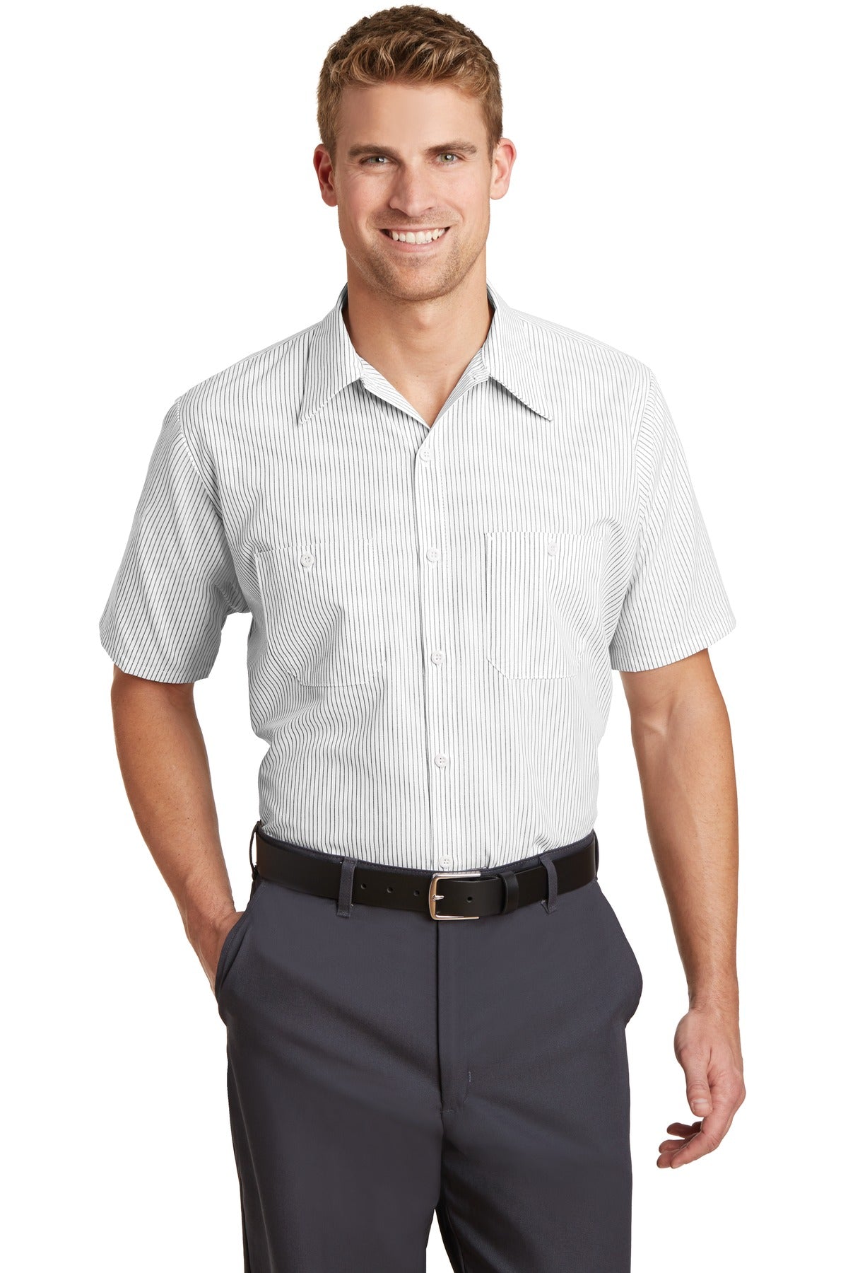 Red Kap Short Sleeve Striped Industrial Work Shirt (SAN-CS20) - Grey/ White
