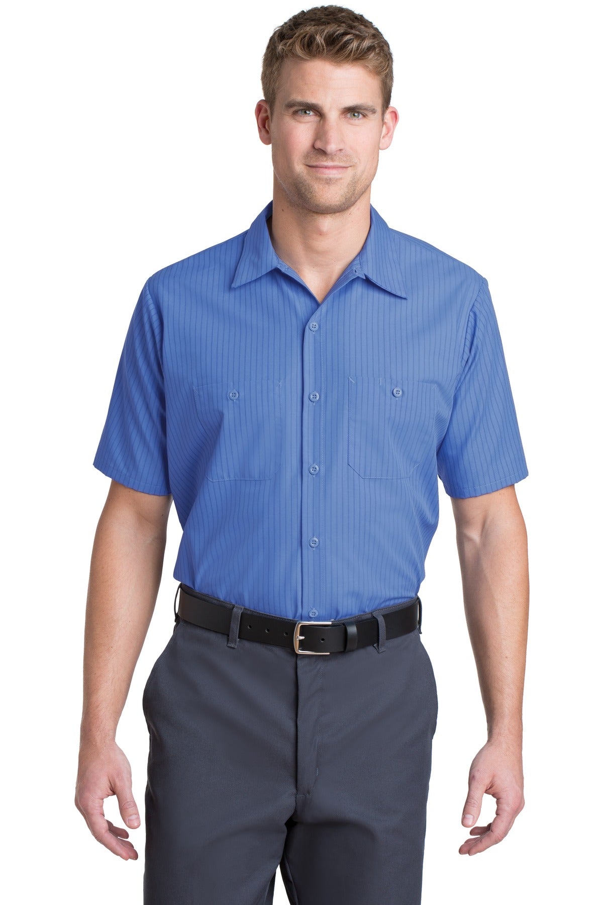 Red Kap Short Sleeve Striped Industrial Work Shirt (SAN-CS20) - Petrol Blue/ Navy