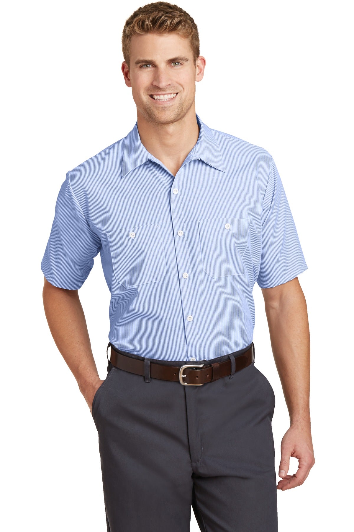 Red Kap Short Sleeve Striped Industrial Work Shirt (SAN-CS20) - White/ Blue