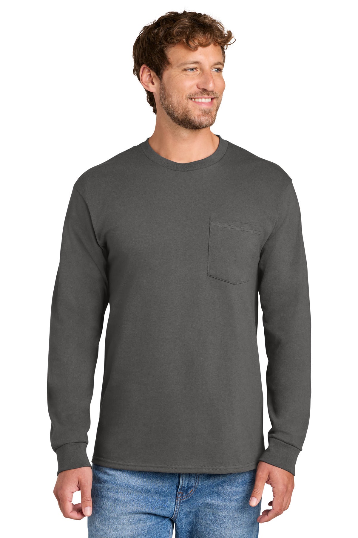Port & Company Long Sleeve Essential Pocket Tee (SAN-PC61LSP) - Charcoal