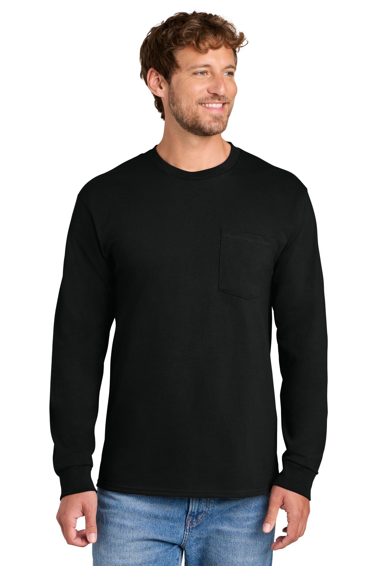 Port & Company Long Sleeve Essential Pocket Tee (SAN-PC61LSP) - Jet Black