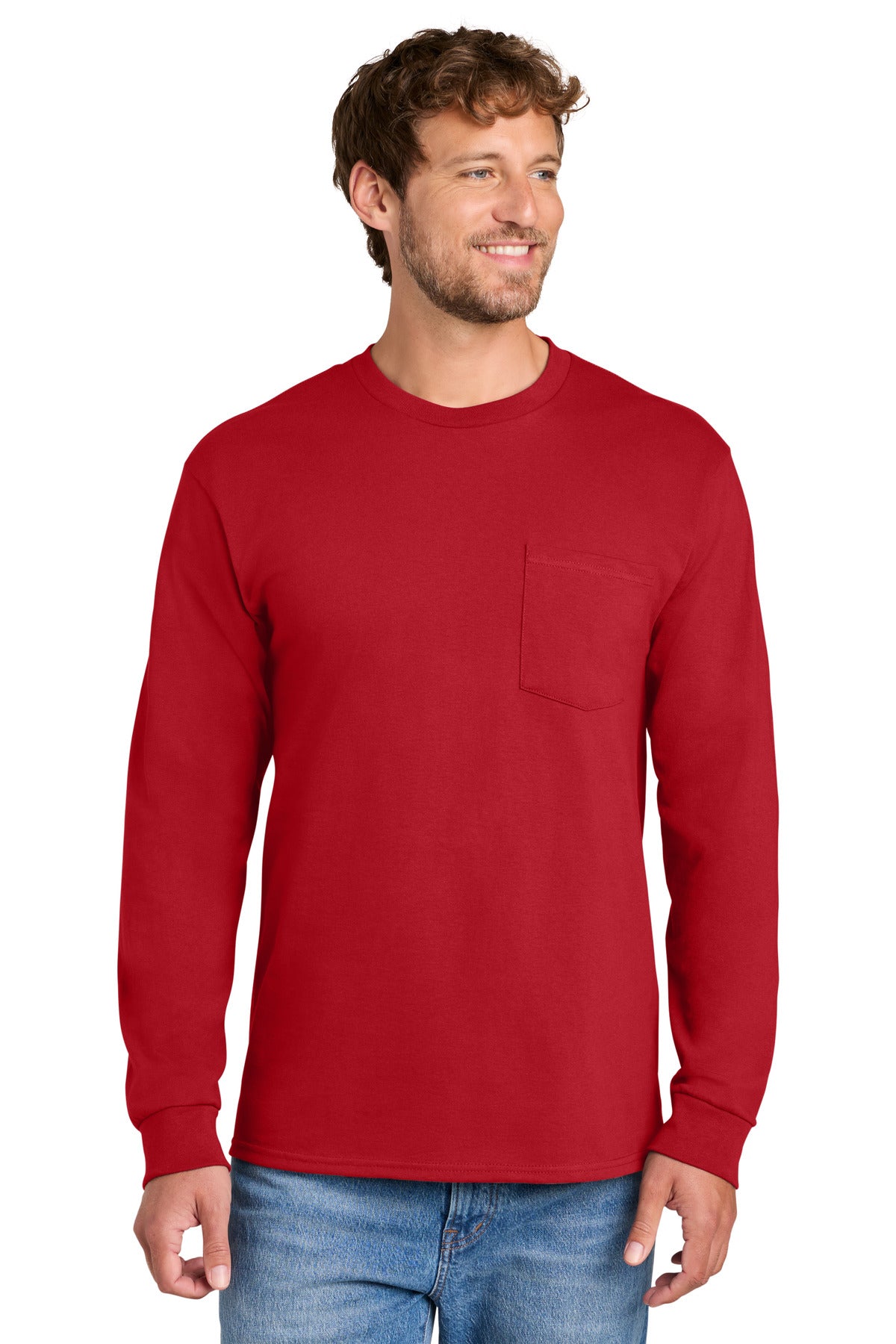 Port & Company Long Sleeve Essential Pocket Tee (SAN-PC61LSP) - Red